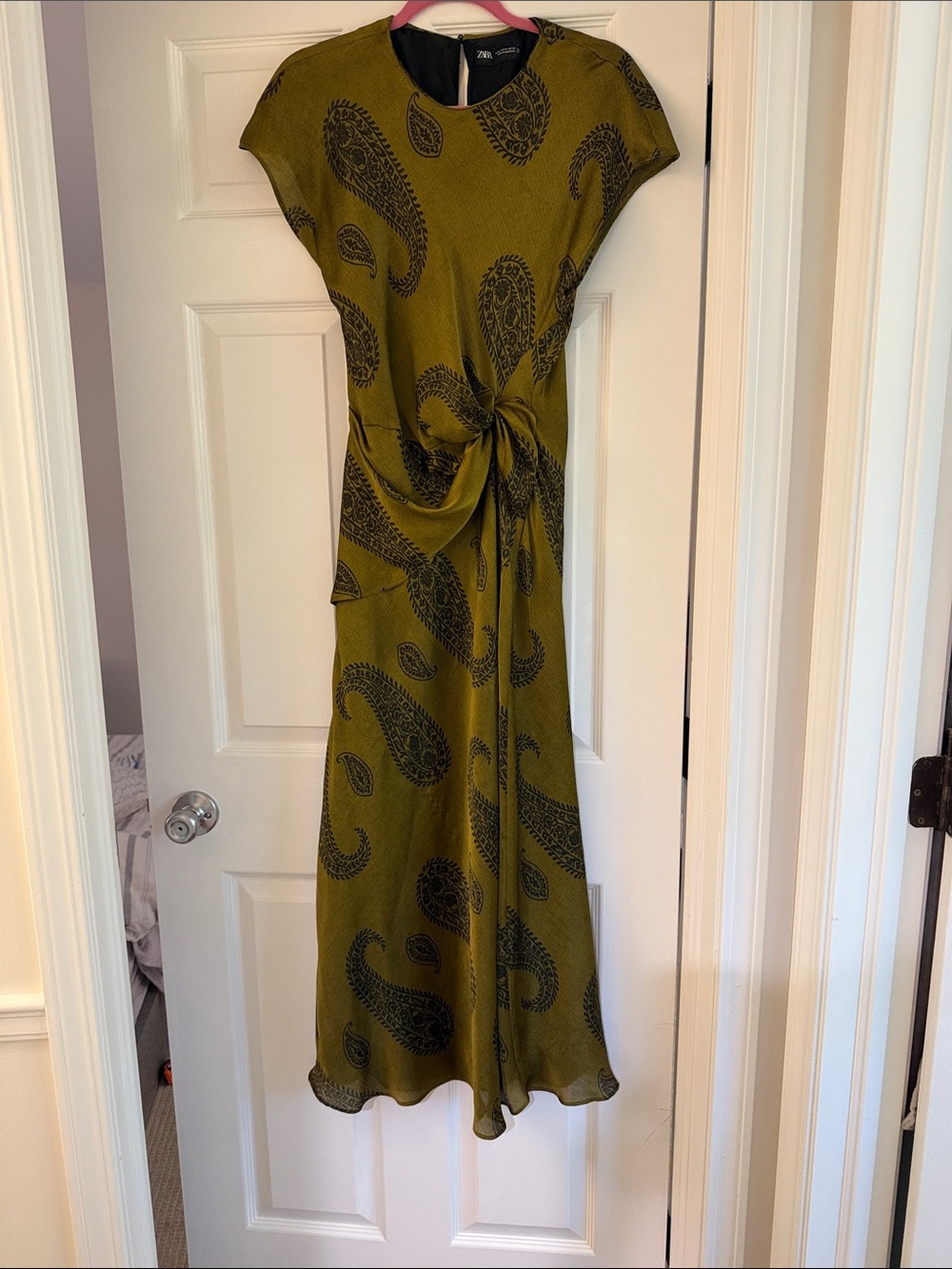 Zara Olive Paisley Satin Maxi Dress with Knot Detail - Picture 2 of 6